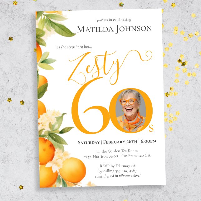 Zesty Orange Photo 60th Birthday Party Invitation (Mockup View)