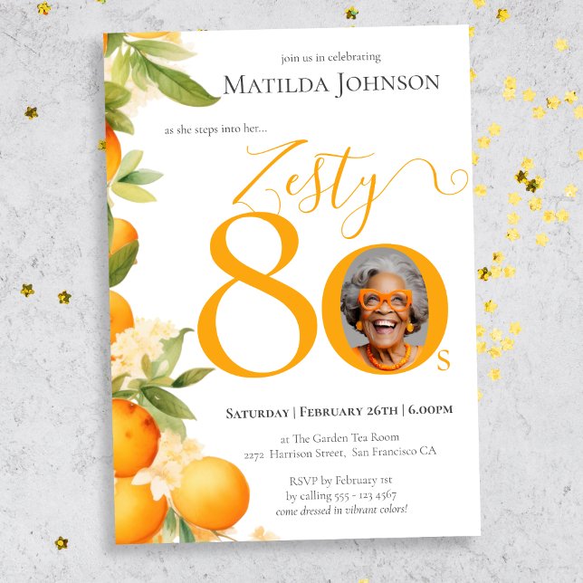 Zesty Orange Photo 80th Birthday Party Invitation (Mockup View)