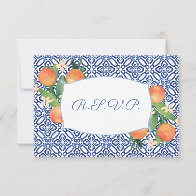 Zesty Oranges Blue Tiles Wedding Meal Options RSVP Card (Front)
