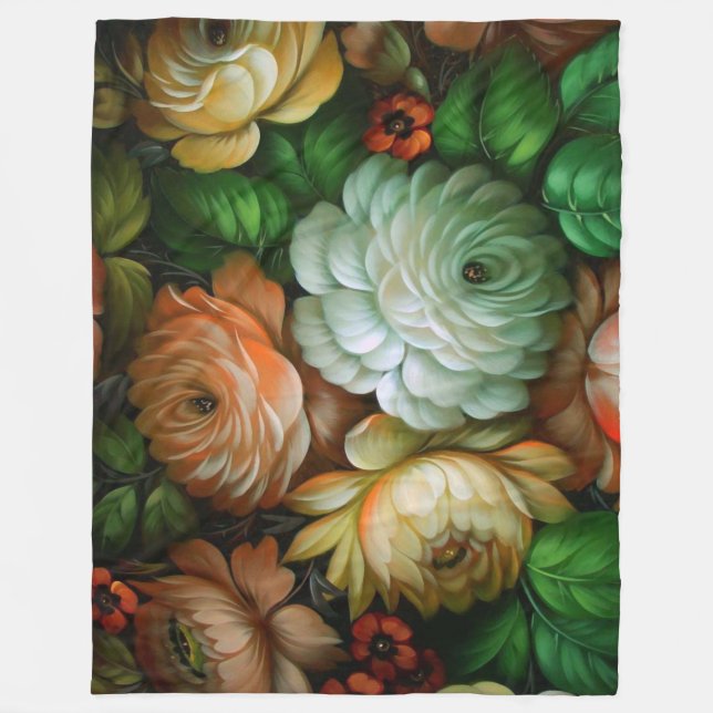 Zhostovo Vintage Russian Floral Pattern Fleece Blanket (Front)