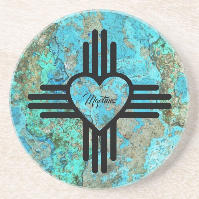 Zia Heart Turquoise On Sandstone Custom Name Coaster (Front)