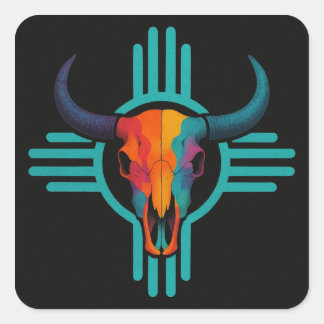 Zia Sun Bull Skull Square Sticker