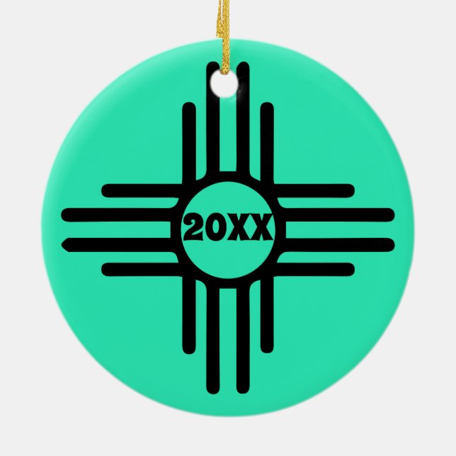 Zia Symbol Add Christmas Tree Turquoise Holiday Ceramic Ornament (Back)
