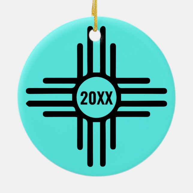 Zia Symbol Add Christmas Tree Turquoise Holiday Ceramic Ornament (Back)