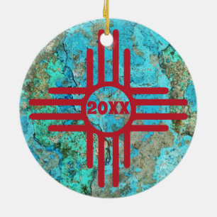 Zia Symbol Turquoise Year Christmas Tree Ceramic Ornament