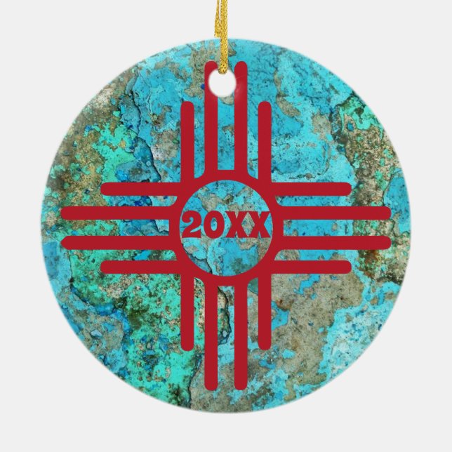 Zia Symbol Turquoise Year Christmas Tree Ceramic Ornament (Back)