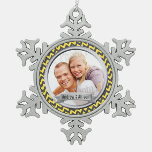 Zig Zag Pattern Yellow Photo Keepsake Snowflake Pewter Christmas Ornament
