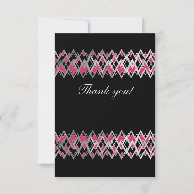 Zig zag silver lines, pink details on solid black thank you card (Front)