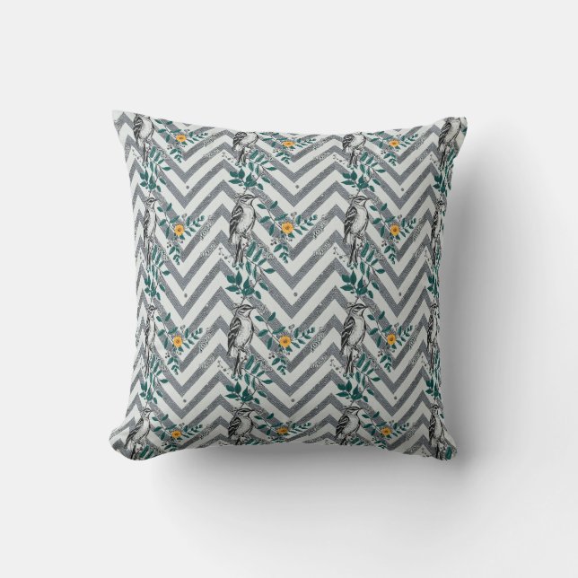 Zigzag Bird & Flower Pattern Throw Pillow (Front)