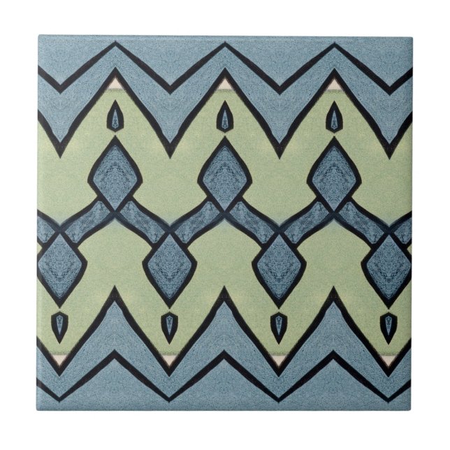 Zigzag Blue and Green Geometric Vintage Tile (Front)