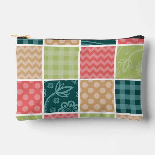 Zigzag, Chevron, Gingham, Polka Dots, Patchwork Accessory Pouch (Front)