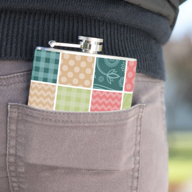Zigzag, Chevron, Gingham, Polka Dots, Patchwork Hip Flask (In Situ)