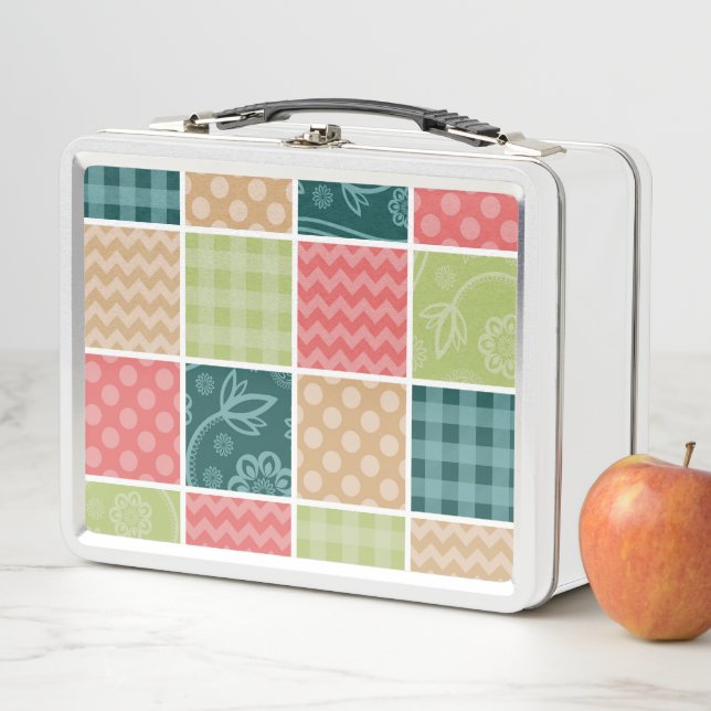 Zigzag, Chevron, Gingham, Polka Dots, Patchwork Metal Lunch Box (In Situ)