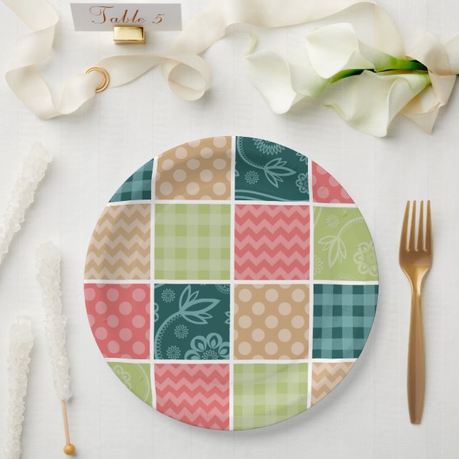 Zigzag, Chevron, Gingham, Polka Dots, Patchwork Paper Plate (Wedding)