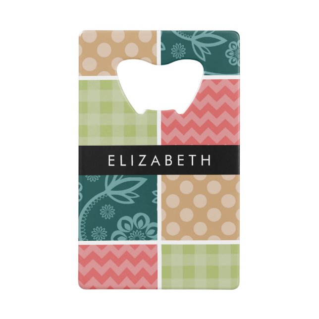 Zigzag, Chevron, Gingham, Polka Dots, Your Name Credit Card Bottle Opener (Front)