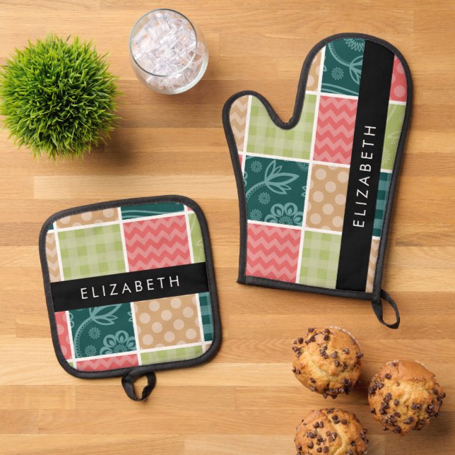 Zigzag, Chevron, Gingham, Polka Dots, Your Name Oven Mitt & Pot Holder Set (Top Down)