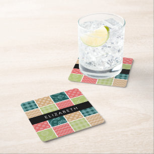 Zigzag, Chevron, Gingham, Polka Dots, Your Name Square Paper Coaster