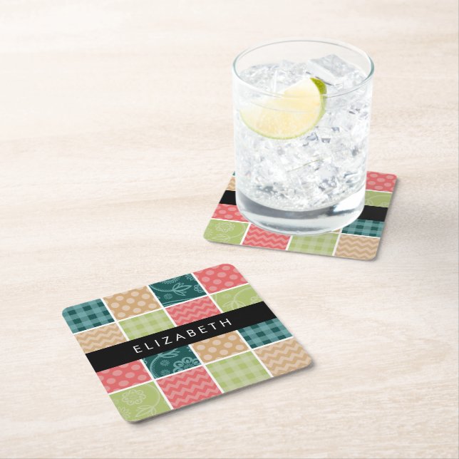 Zigzag, Chevron, Gingham, Polka Dots, Your Name Square Paper Coaster (Insitu)