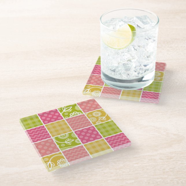 Zigzag, Chevron, Polka Dots, Gingham, Patchwork Glass Coaster (Angled)