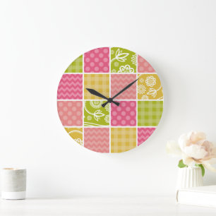 Zigzag, Chevron, Polka Dots, Gingham, Patchwork Large Clock