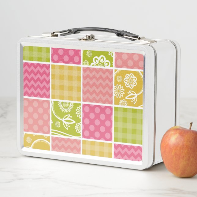 Zigzag, Chevron, Polka Dots, Gingham, Patchwork Metal Lunch Box (In Situ)