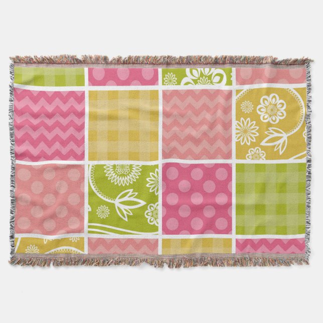 Zigzag, Chevron, Polka Dots, Gingham, Patchwork Throw Blanket (Front)
