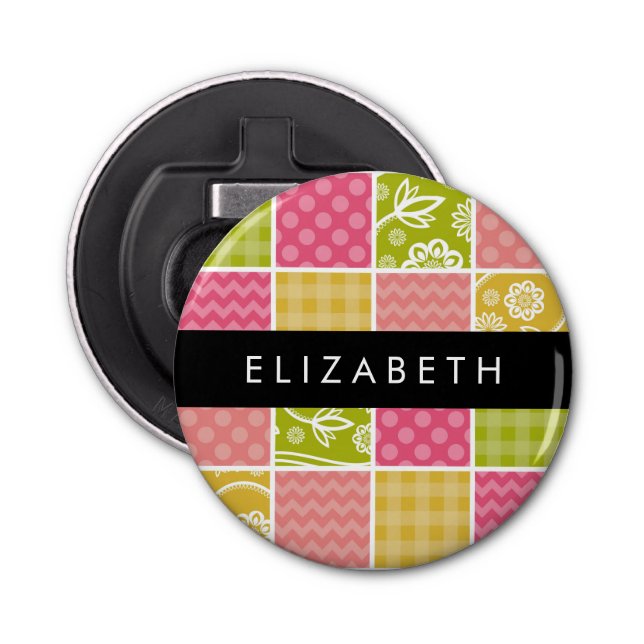 Zigzag, Chevron, Polka Dots, Gingham, Your Name Bottle Opener (Front)