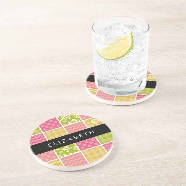 Zigzag, Chevron, Polka Dots, Gingham, Your Name Coaster (Side)