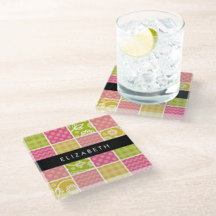 Zigzag, Chevron, Polka Dots, Gingham, Your Name Glass Coaster