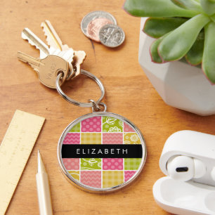 Zigzag, Chevron, Polka Dots, Gingham, Your Name Keychain