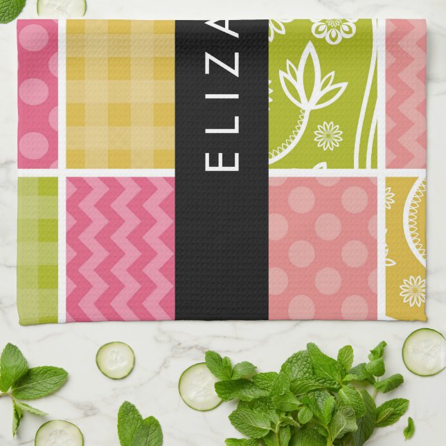 Zigzag, Chevron, Polka Dots, Gingham, Your Name Kitchen Towel (Folded)
