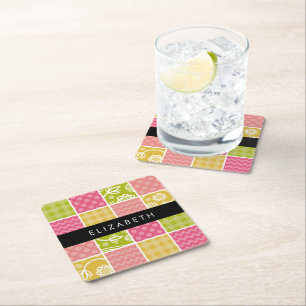 Zigzag, Chevron, Polka Dots, Gingham, Your Name Square Paper Coaster