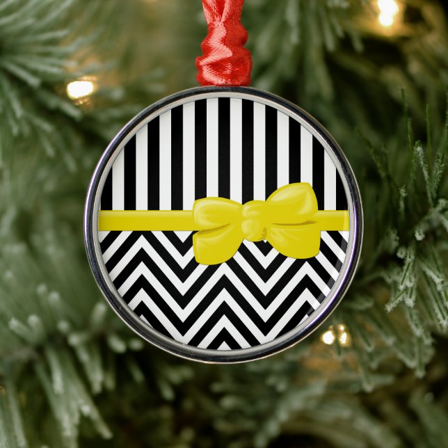 Zigzag, Chevron, Stripes, Black and White Metal Ornament (Tree)