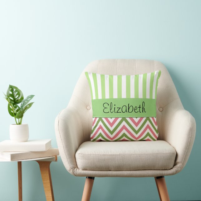 Zigzag, Chevron, Stripes, Pink, Green, Your Name Throw Pillow (Chair)