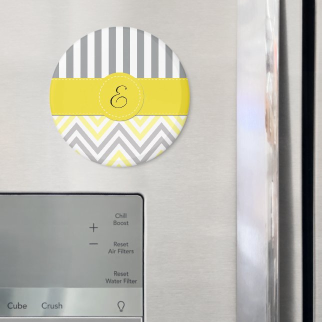 Zigzag, Chevron, Stripes, Yellow, Grey, Monogram Magnet (In Situ (Fridge))
