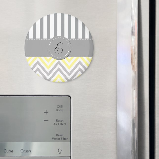 Zigzag, Chevron, Stripes, Yellow, Grey, Monogram Magnet (In Situ (Fridge))