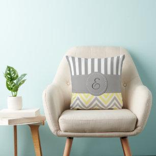 Zigzag, Chevron, Stripes, Yellow, Grey, Monogram Throw Pillow