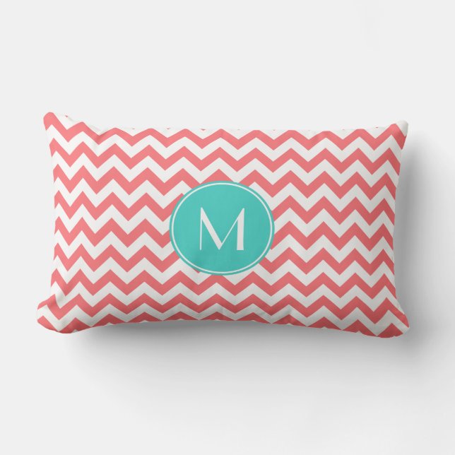 Zigzag Coral and Aqua Custom Monogram Lumbar Pillow (Front)