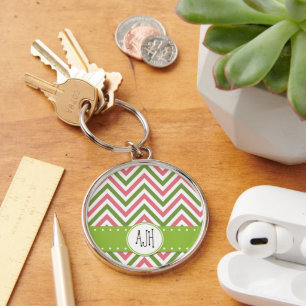 Zigzag Pattern, Chevron, Pink, Green, Monogram Keychain