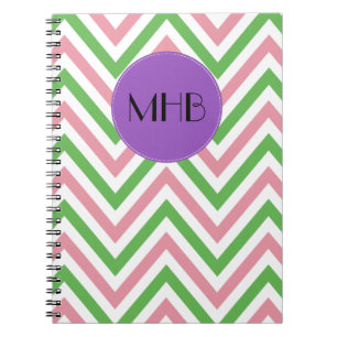 Zigzag Pattern, Chevron, Pink, Green, Monogram Notebook