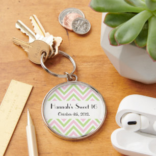 Zigzag Pattern, Chevron, Pink, Green, Sweet 16 Keychain