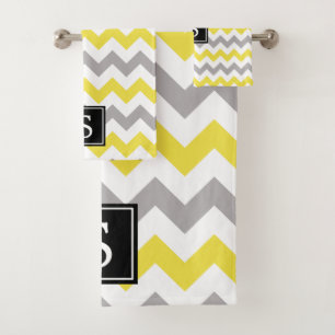 Zigzag Pattern, Chevron, Yellow, Grey, Monogram Bath Towel Set