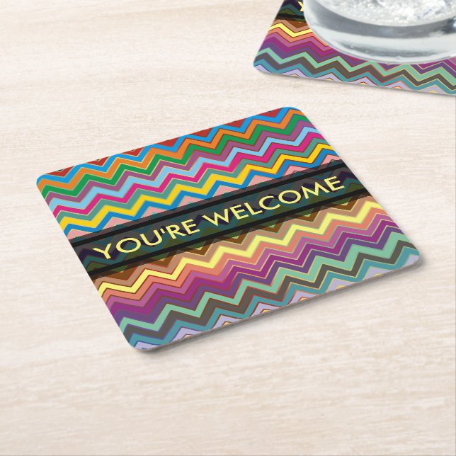 ZIGZAG pattern - coloured + your text Square Paper Coaster (Angled)
