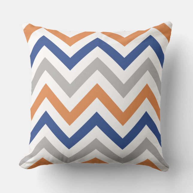 Zigzag Pattern Orange Blue Grey & White Throw Pillow (Front)