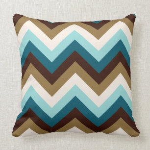 Zigzag Pattern Teals, Brown, Gold & Cream Throw Pillow