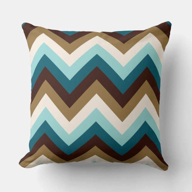 Zigzag Pattern Teals, Brown, Gold & Cream Throw Pillow (Front)