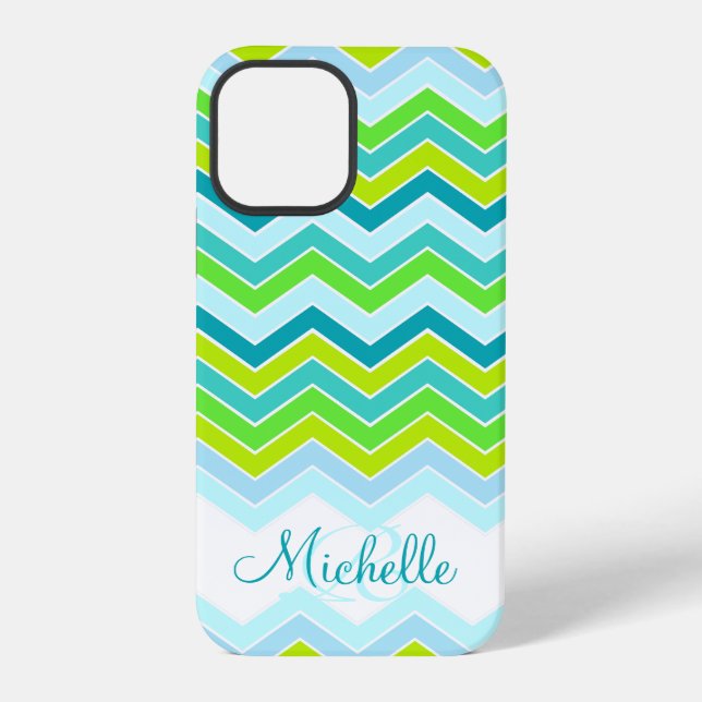 Zigzag patterned teal name initial iphone case (Back)