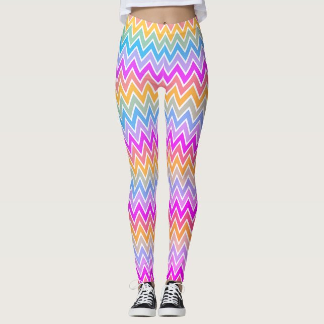  Zigzag Rainbow Pattern Pink, Blue Yellow Orange  Leggings (Front)