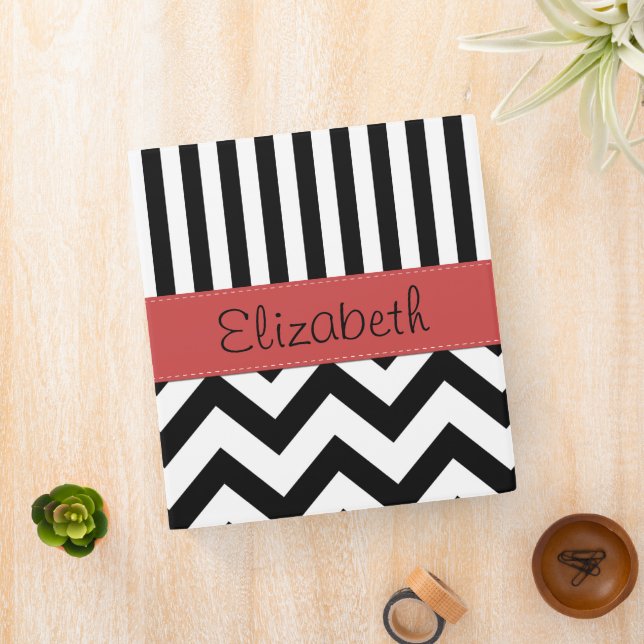 Zigzag, Stripes, Black and White, Your Name Binder (In Situ)