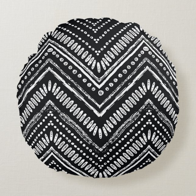Zigzag Stripes: Hand Drawn Ethnic Round Pillow (Front)